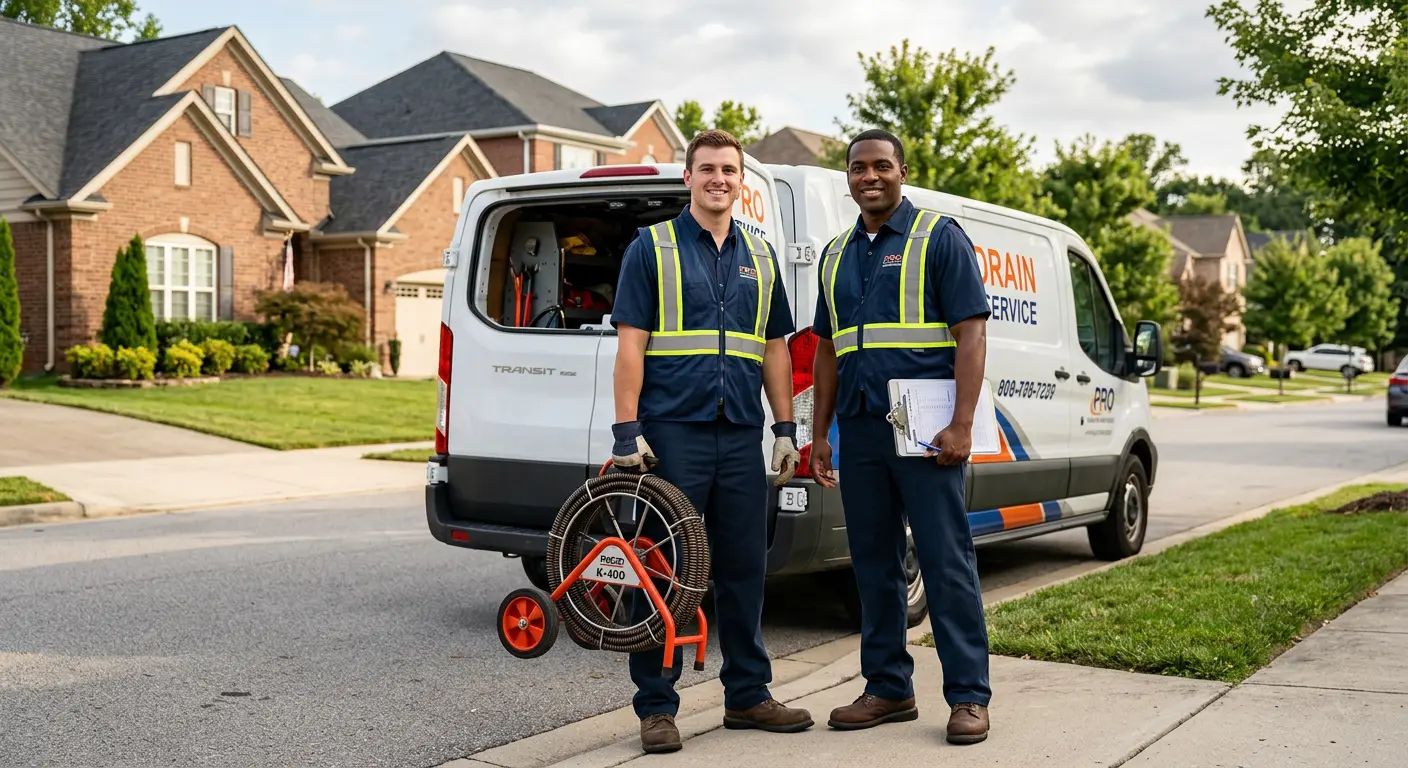 Sewer and drain service team with equipment ready for work in Cave Spring