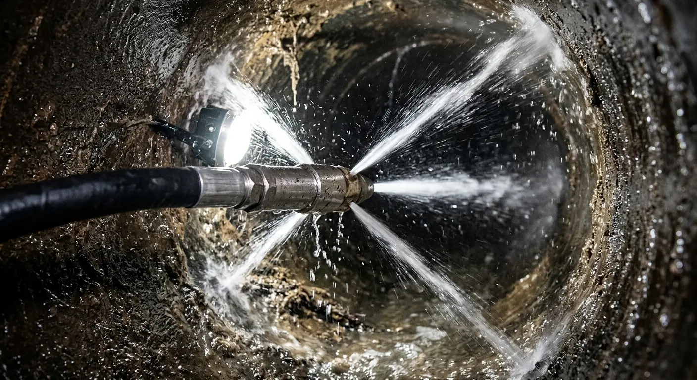 High-pressure hydro jetting nozzle cleaning sewer pipe for Emergency Drain Service in Cave Spring