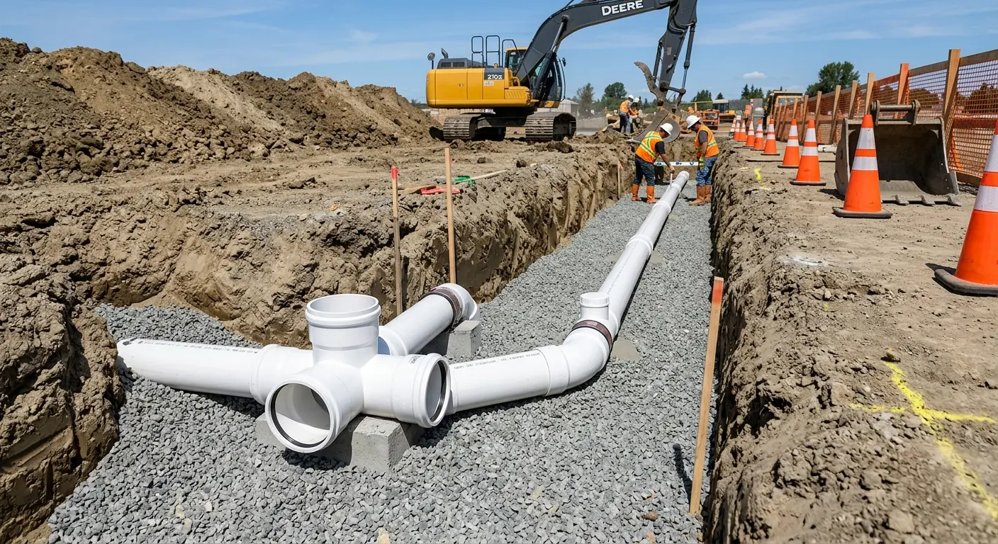 New PVC sewer pipe installation in open trench for Commercial Drain Cleaning in Cave Spring