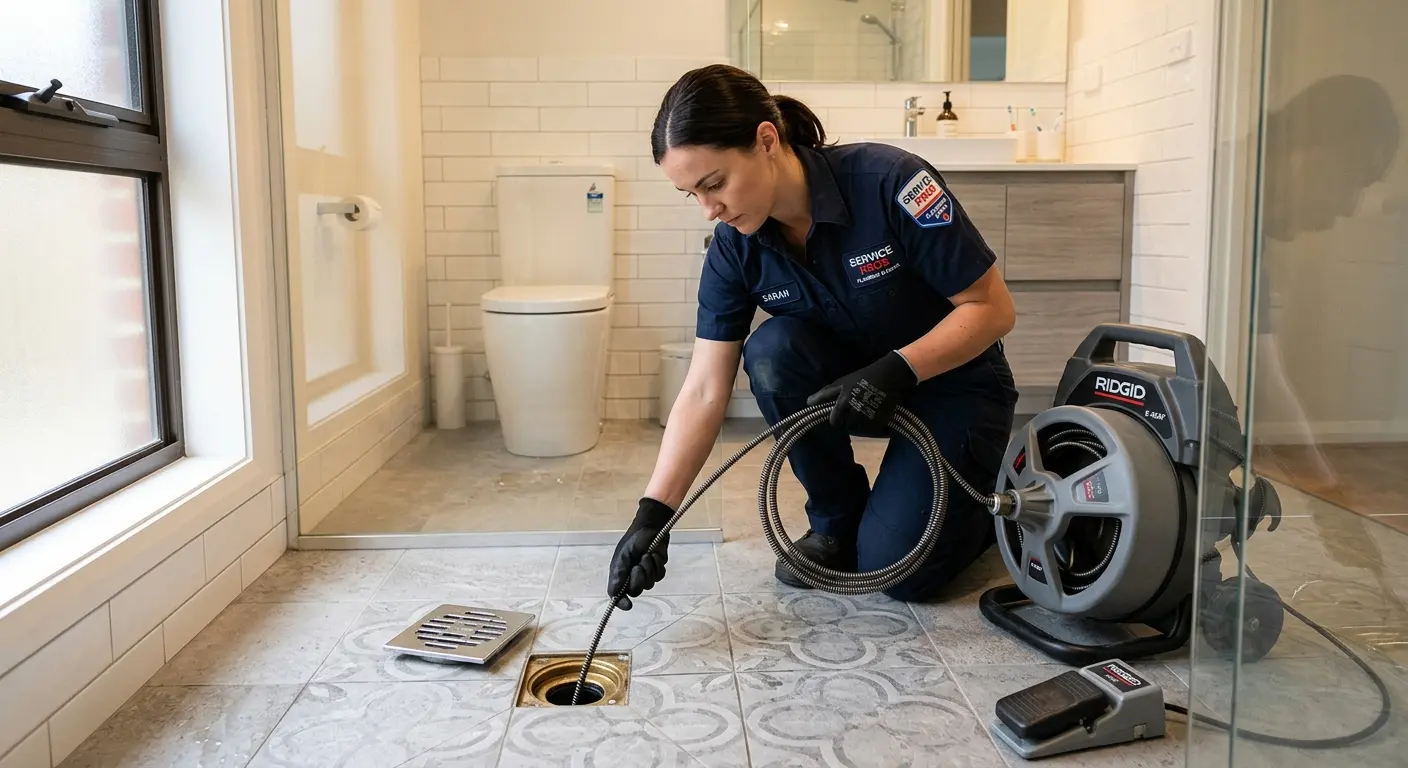 Technician clearing a bathroom floor drain for Drain Cleaning in Cave Spring